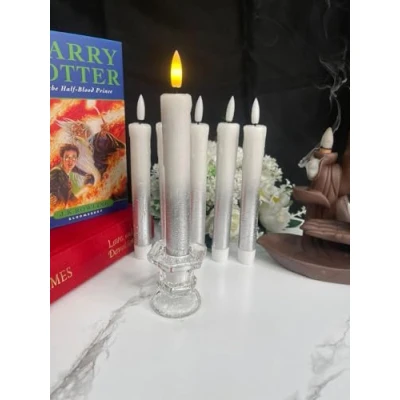 Image of H Homedelight1234 Flickering Real Wax LED Taper Candle Set with Timer Remote, Battery Powered Included Flameless Candles for Decorative Lighting Pack of 6 (Silver Ombre)