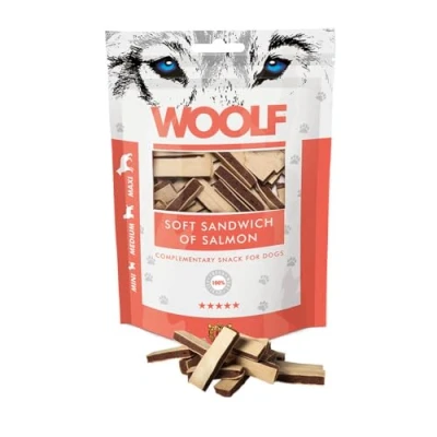 Image of WOOLF Soft Sandwich of Salmon Dog Treat Complimentary Snacks for Dogs. All Natural Ingredients, High Meat Content, Nutritional, Free from Artificial Additives. Suitable Dogs (100g)