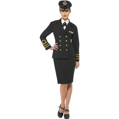 Image of Smiffys Navy Officer Costume, Black with Jacket, Skirt, Mock Shirt &amp; Hat, Land, Sea and Air Forces Fancy Dress, Adult Dress Up Costumes