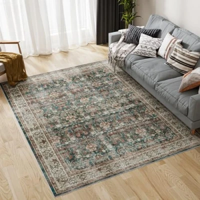 Image of Dripex Washable Dining Room Rug 200x290cm, Green Vintage for Living Room, Machine Bedroom Non Slip Luxury Soft Traditional Large