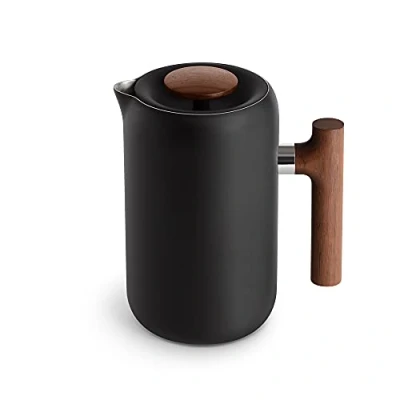 Image of Fellow Clara French Press Coffee Maker Portable Stainless Steel Press, Insulated Manual Brewer, Matte Black with Walnut, 24 oz Carafe