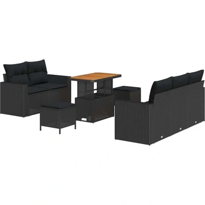 Image of vidaXL 8 Piece Garden Sofa Set with Cushions Black Poly Rattan Acacia