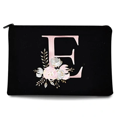 Image of 26 Letter Printed Zip Canvas Pouch Makeup Bag Make Up Bag, Cosmetic Travel Bag,Toiletry Bag,Organizer Bags,Toiletry Bags, Bride Bridesmaid Bag,Pencil Bag,Wash Bag,Coin Purse (Pink Flower E)