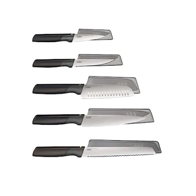Image of Joseph Duo 5 Piece Elevate Kitchen knife set, Japanese Stainless Steel blades, includes Paring, Serrated and Chef&#039;s with protective sheath, Black/Opal