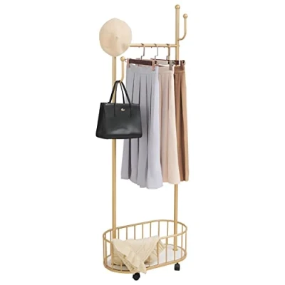 Image of Cre Cra Golden Clothing Rack with Wheels Rolling Clothes Storage Basket Metal Moveable Coat Stand Modern Garment for Hanging Bedroom Boutiques Hanger