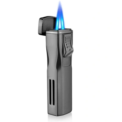 Image of Cgaplus Double Jet Flame Cigar Lighter with Stand Windproof Butane Refillable Torch Punch Grey (Without Gas)