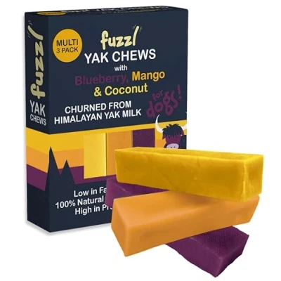 Image of Fuzzl Yak Chews for Dogs Blueberry Mango Coconut 3 Pack Natural Dog Treats with Himalayan Milk Chew No Hide Food Long Lasting Dental Sticks and