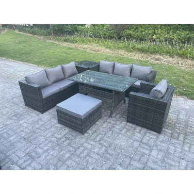 Image of 8 Seater Outdoor Lounge Sofa Garden Furniture Set Patio Chair Rattan Rectangular Dining Table with Side Big Footstool Dark Grey Mixed Fimous