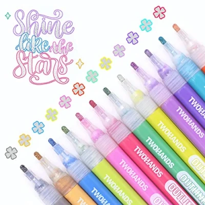 Image of YISAN Outline Pens, Glitter Pens,Metallic Pens,Shimmer Marker Set,12 Colors for Gift Card Writing Drawing，70436