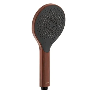Image of WENKO Watersaving Wood shower head, water saving handheld rain head in elegant faux wood, saves with full comfort 3 jet types, ½&quot; universal connection, Ø 12 cm, brown/black