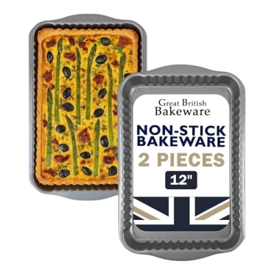 Image of Chabrias Ltd Fluted Rectangle Quiche Flan Tart Tin Pan Twin Pack Superior Double Coated Non Stick Made in England