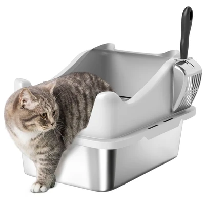 Image of PawHut Cat Litter Tray Stainless Steel, Box High Sided with Scoop, Never Absorbs Odors, Anti Leakage &amp; Easy to Clean, 43 x 33 25 cm, Grey