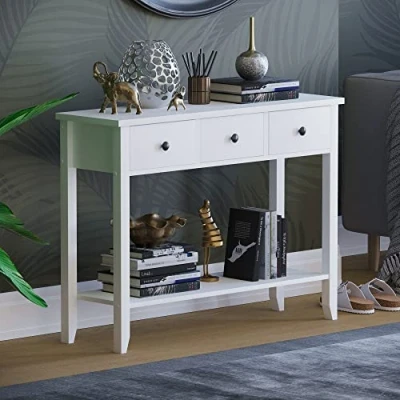Image of Vida Designs Windsor Console Table With Undershelf, Living Room,Hall Way Furniture (3 Drawer, White)