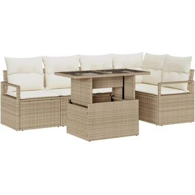 Image of vidaXL 6 Piece Garden Sofa Set with Cushions Beige Poly Rattan
