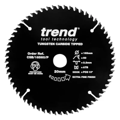 Image of Trend Wood PTFE Circular Saw Blade, 165mm Diameter, 20mm Bore, 60 Teeth, TCT, 2.2mm Kerf, CSB/16560/P