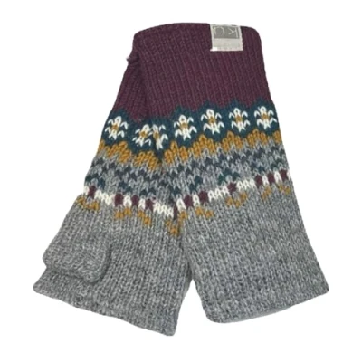 Image of Kusan 100% Wool Fingerless Gloves/Handwarmers Green/Red/Blue (PK1601) (Plum/Grey)