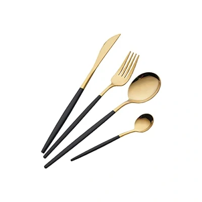Image of 16 Piece Black and Golden Cutlery Set,Black Handle Knife Fork Spoon Gold Stainless Steel Cutlery,4 Person Dinner Set (Black Gold)