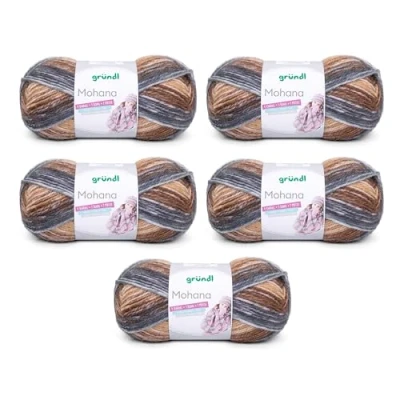 Image of Gründl Mohanna Knitting and Crochet Yarn 90% Polyacrylic 10% Mohair 5 x 100 g Thick Wool Grey Camel Brown