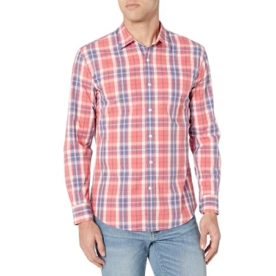 Image of Amazon Essentials Men&#039;s Regular Fit Long Sleeve Casual Poplin Shirt, Washed Red Windowpane, S
