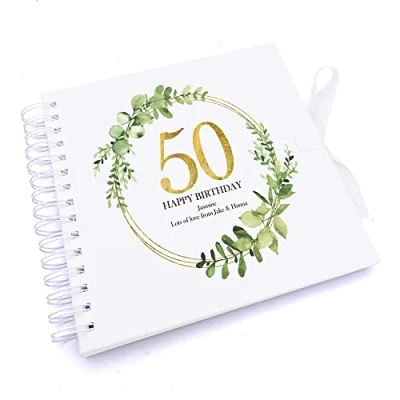Image of Personalised 50th Birthday Gift for her Scrapbook Photo Album Gold Wreath