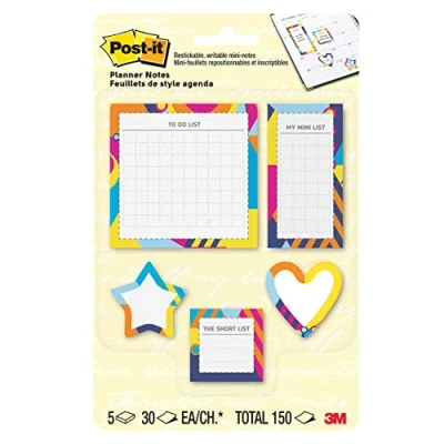 Image of Post it Notes Planner Sticky Notes, to Do List, Mini Short List and Shapes, 5 Pads, 30 Sheets/Pad, Optimistic Brights