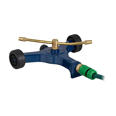 Image of Relaxdays 2 Arm Sprinkler, with Wheels, Spray Radius 4 5 m, Adjustable Jets, 3/4&#039;&#039; Connector, 10x27.5x26 cm, Blue/Gold, 50% metal 30% copper 20% plastic