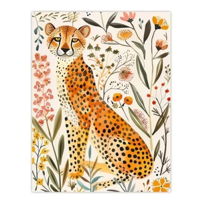 Image of Artery8 Happy Cheetah with Wildflowers Watercolour Living Room Large Wall Art Poster Print Thick Paper 18X24 Inch