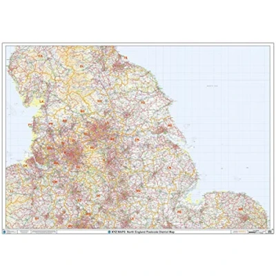 Image of North England Postcode District Wall Map (D4) 47&quot; x 33.25&quot; Laminated