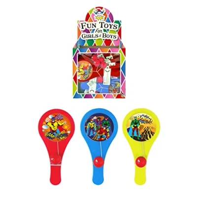 Image of HENBRANDT 1x Mini Superhero Paddle Bat and Ball Game Biff Bats for Kids Birthday Party Bag Favours Loot Fillers Stocking Wedding Games Girls Boys