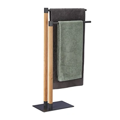 Image of Relaxdays Free Towel Holder, HWD: 83.5 x 51.5 20cm, 2 Rails, Drying Stand, Oak Wood &amp; Steel, Anthracite/Brown, 50%
