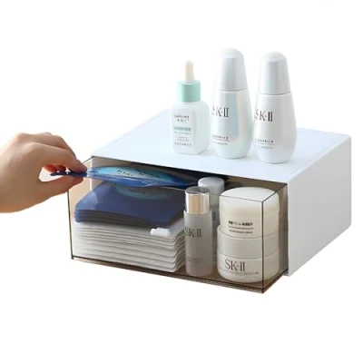 Image of OSteed Desktop Stackable Storage 1 Drawer, White Plastic Stationery Drawer Organiser, Makeup Desk Organiser Box, Small Drawers Unit, Deep Layer