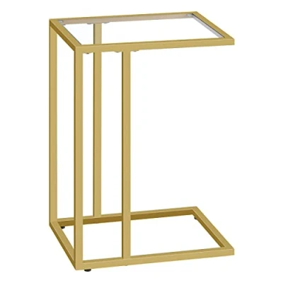 Image of HOOBRO C Shaped Side Table, Tempered Glass Gold Under Sofa Small Coffee Snack Table for Spaces, Laptop End Living Room, Bedside Metal Frame, EGD03SF01G1