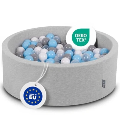 Image of KiddyMoon 90X30cm/300 Balls ∅ 7Cm / 2.75In Baby Foam Ball Pit Made In EU, Light Grey:Grey/White/Transparent/Babyblue