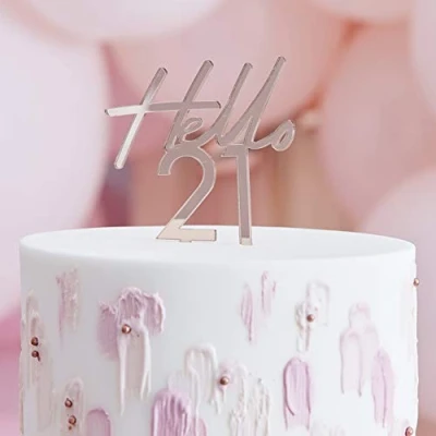 Image of Ginger Ray Rose Gold Acrylic Hello 21 Birthday Cake Milestone Topper