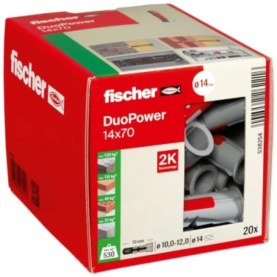 Image of fischer DuoPower 14 x 70, powerful universal plug with intelligent 2 component technology for fastenings in concrete, bricks, gypsum plasterboard, chipboard, etc., 20 plugs without screws