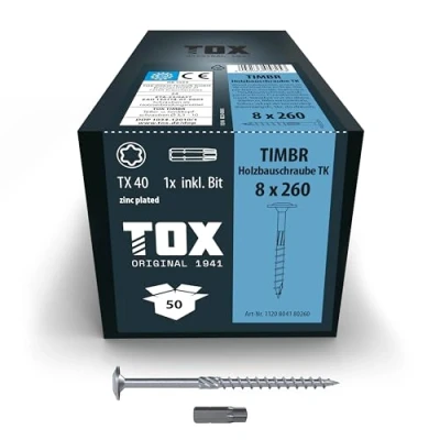 Image of TOX Timbr TK 1120804180260 Wood Screws 8.0 x 260 mm, Blue Galvanised with Flat Head, TX40, for Easy Screwing and High Load Capacity in Construction, Pack of 50 Box Including 1x Bit