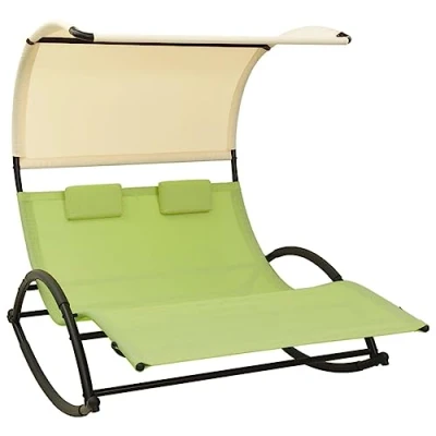 Image of vidaXL Double Sun Lounger with Canopy Durable Steel Frame and Breathable Textilene Fabric, Green Cream Color Includes Two Pillows for Extra Comfort
