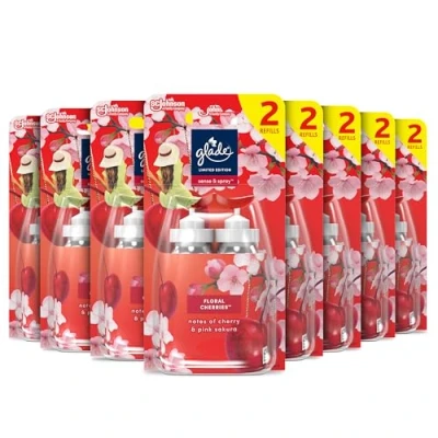 Image of Glade Sense &amp; Spray Air Freshener Refill, Motion Activated Automatic Room and Odour Eliminator for Home, Frosted Floral Cherries, Pack of 8 Duos (16 x 18ml)
