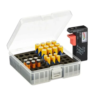 Image of Relaxdays Organiser Box with Tester, for 60 AA &amp; AAA Batteries, HWD: 5.5 x 15 15.5 cm, Transparent/Black, Iron, 31.5 20.5 25 cm
