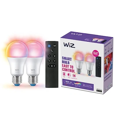 Image of WiZ Smart Colour Bulb, E27, 8.5W, Motion Sensor with App, Dynamic Scenes, Remote Control, Connected WiFi Works Alexa, Google Assistant &amp; HomeKit, App Control for Home Lighting, Bedroom, 2 Pack