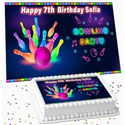 Image of TENPIN BOWLING BIRTHDAY PARTY PERSONALISED ICING EDIBLE COSTCO CAKE TOPPER R2 92