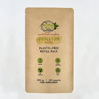 Image of Organic Psyllium Husk Capsules 650mg by The Natural Health Market (120 Capsule Pouch) High Soluble Fibre Supplement Prebiotic Plastic Free Vegan
