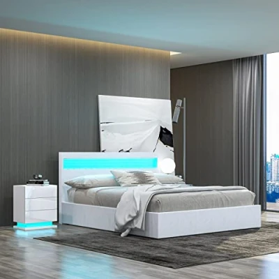 Image of Ottoman Lift Storage Bed Frame with LED Headboard, 5FT King Size Frame, Faux Leather Upholstered Gas Up Storage, for Bedroom Furniture, White