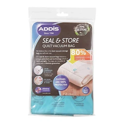Image of Addis 518133 Home Vacuum Storage Bag with 100% air Tight Static Seal &amp; Store Quilt Duvet Pillow, Clear, Large 45 x 70cm