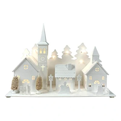 Image of Selections Pre Lit White Wooden Traditional Christmas Village Scene Decoration