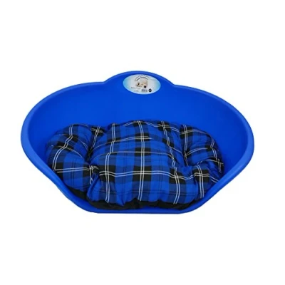 Image of KetoPlastics MEDIUM BLUE PLASTIC DOG BED WITH TARTAN CUSHION/HEAVY DUTY PET DOG/CAT/ANIMAL/SLEEP/BASKET MADE IN UK