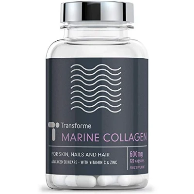 Image of Transforme Marine Collagen Capsules 600mg 1200mg Serving, Hydrolysed Peptides with Vitamin C, Mineral Zinc, 120 High Strength Capsules, Gluten Free