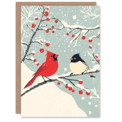 Image of Artery8 Cardinal Birds on Berry Tree Winter Blank For Him Or Her Art Xmas Festive Christmas Card