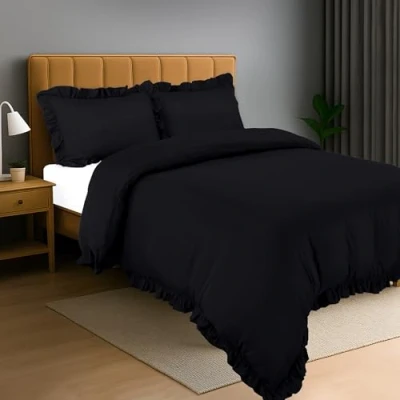 Image of Utopia Bedding Ruffle Duvet Cover Set Double with Pillowcases Soft Microfibre Polyester (Black)