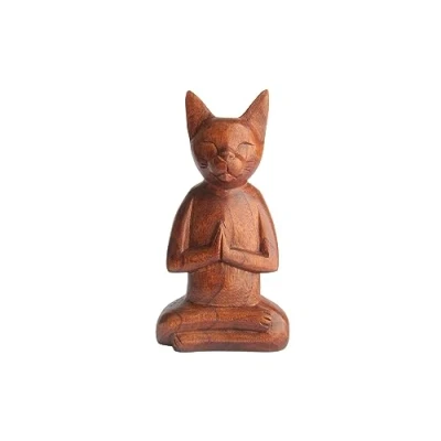 Image of Brave Wings Hand Carved Wooden Animal Meditating Cat OOAK Sculpture Figurine Statue Unique Table Decoration Home Decor Gift for Christmas and Birthdays 4126